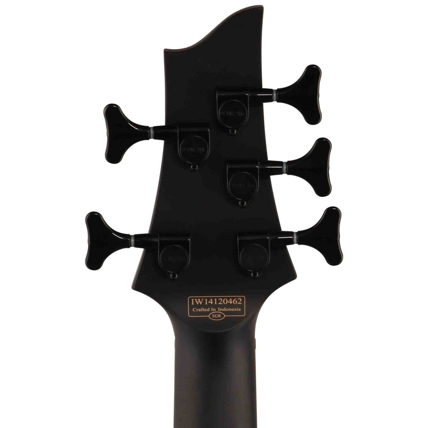 Close-up of the back of a black bass headstock with black tuning pegs on a white background.