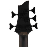 Close-up of the back of a black bass headstock with black tuning pegs on a white background.