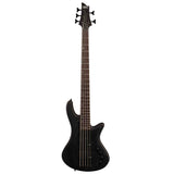 the front of a black Schecter Stiletto Stealth-5 Electric Bass on a white background. It has all black hardware.