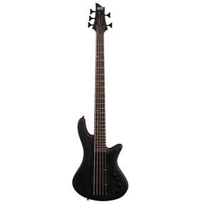 the front of a black Schecter Stiletto Stealth-5 Electric Bass on a white background. It has all black hardware.