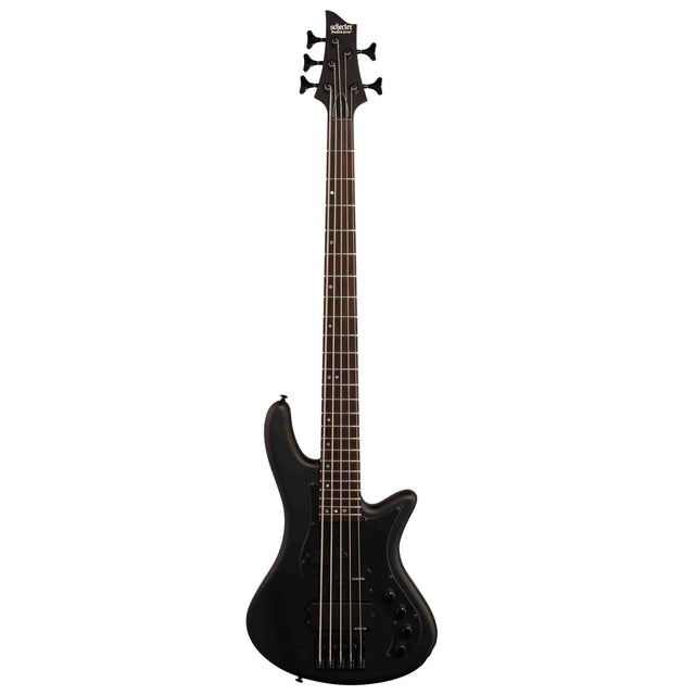 the front of a black Schecter Stiletto Stealth-5 Electric Bass on a white background. It has all black hardware.