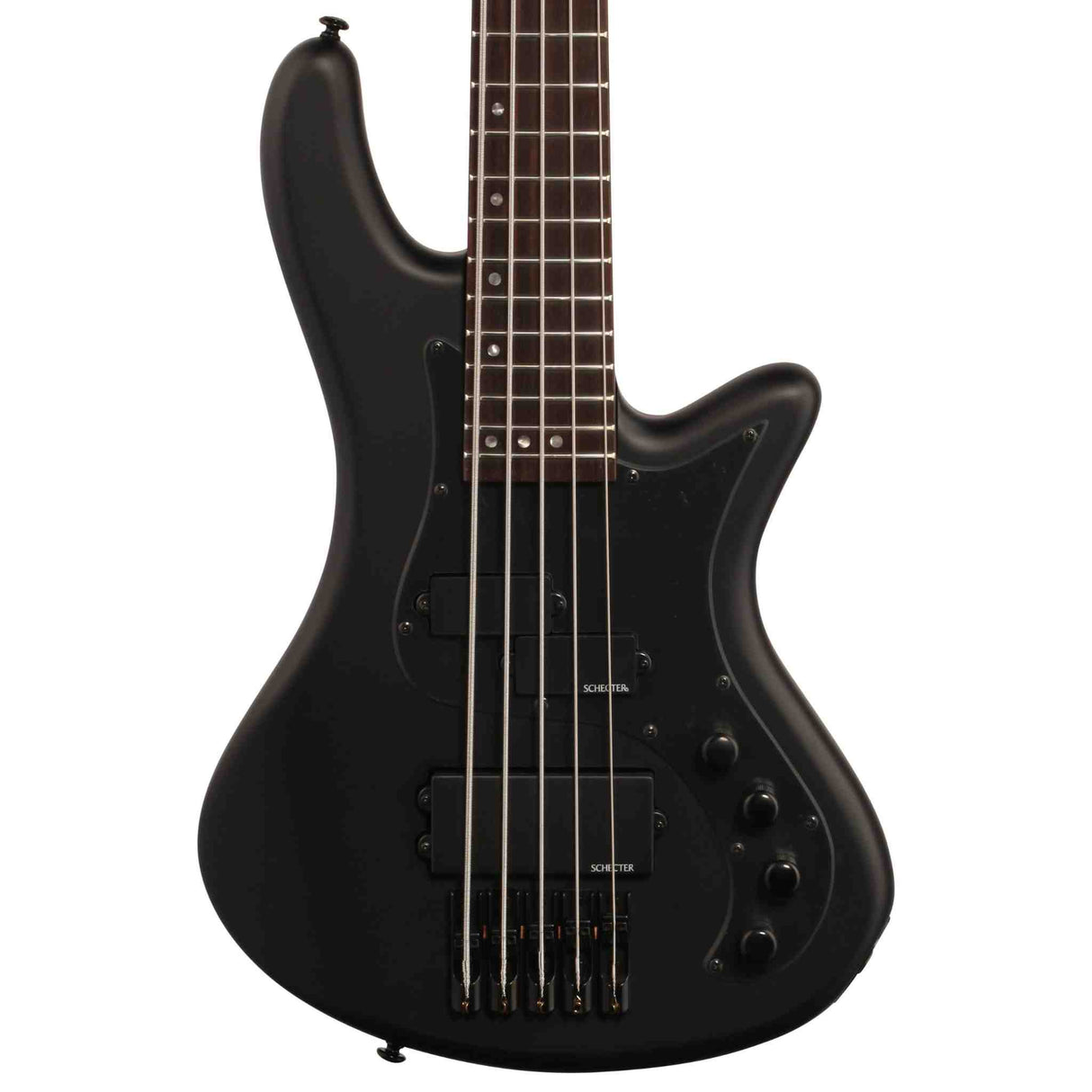 Black electric bass guitar on a white background