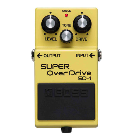 Yellow Boss Super OverDrive SD-1 guitar effects pedal on a white background