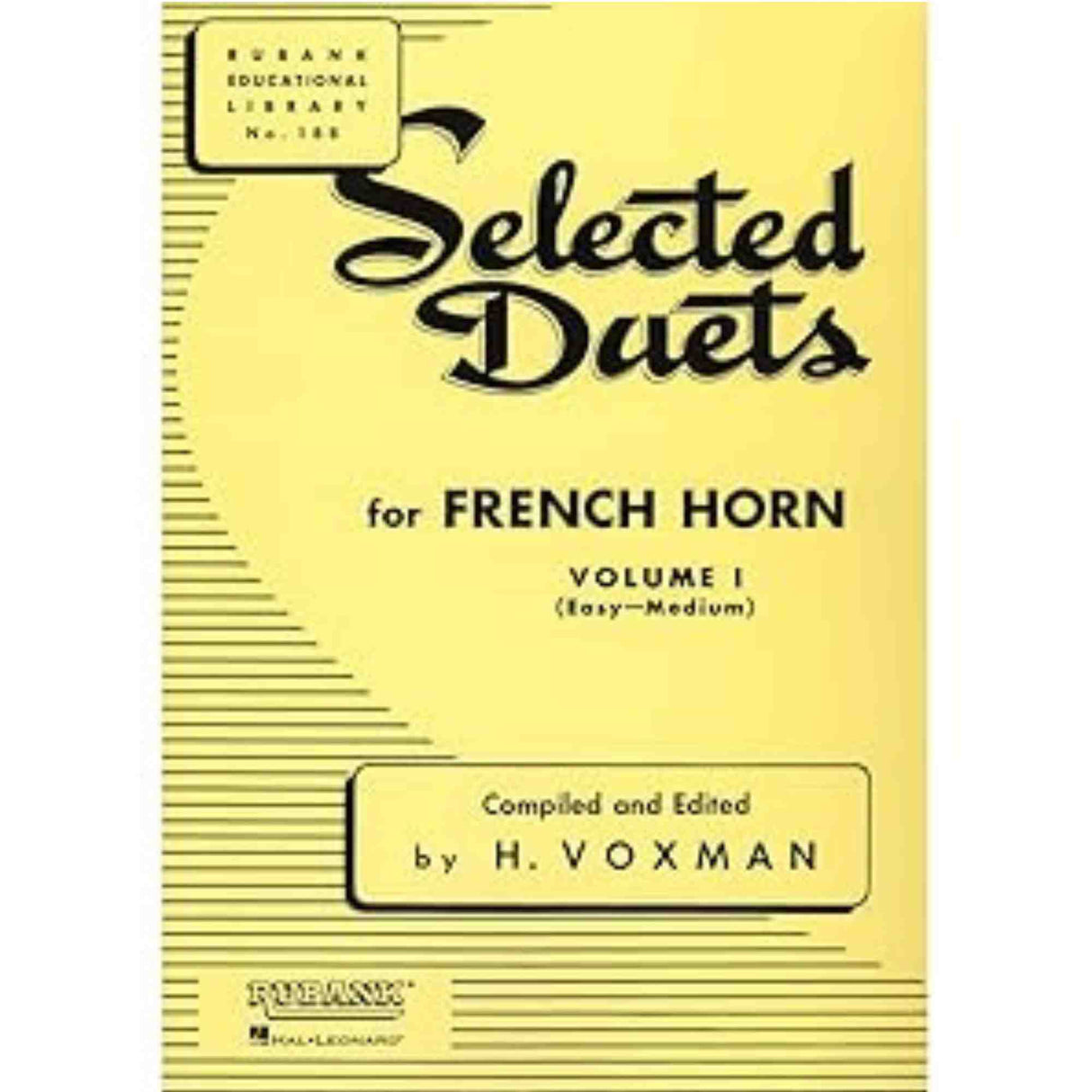 Music book cover titled 'Selected Duets for French Horn Volume I' by H. Voxman on a yellow background.