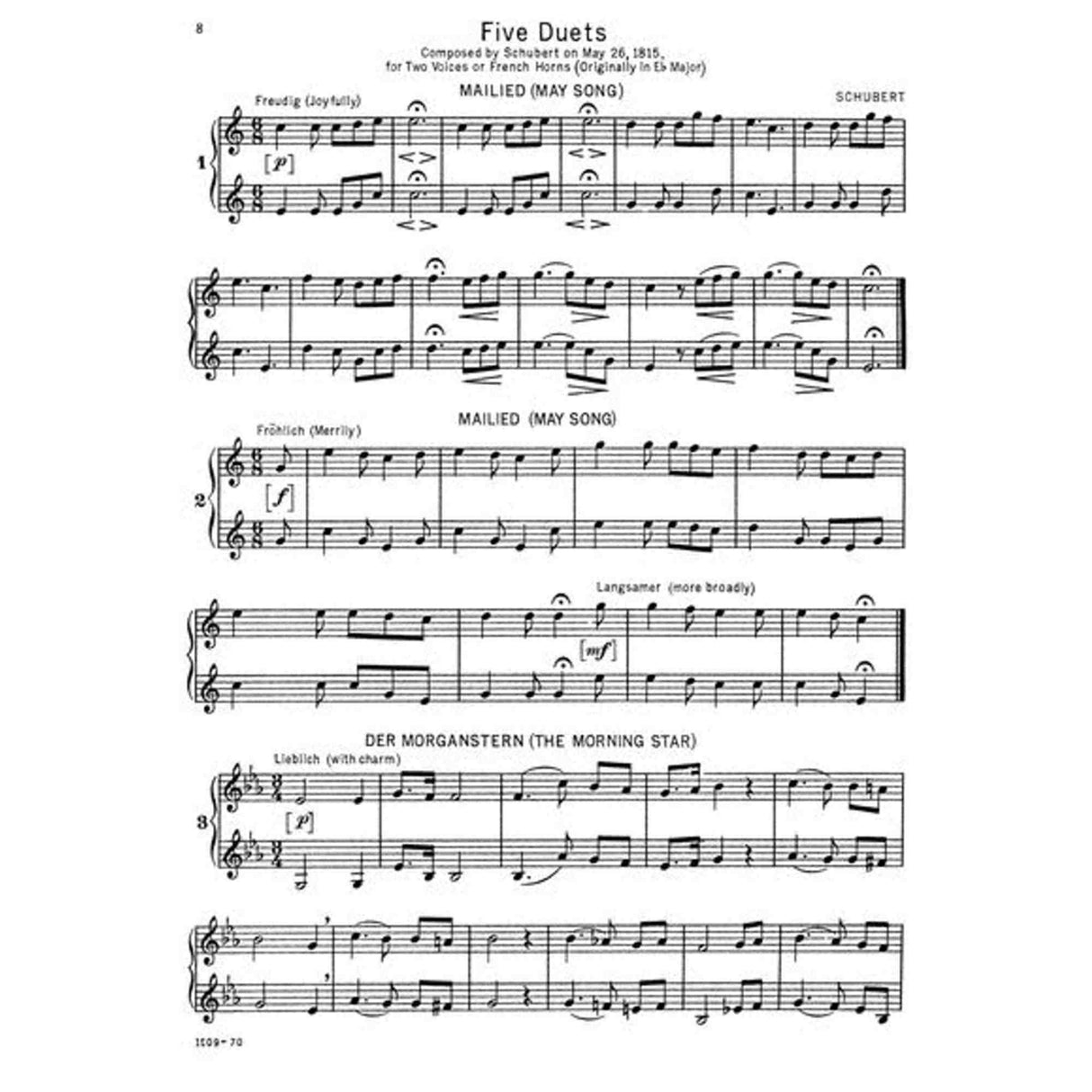 Sheet music for 'Five Duets' for French Horn by Schubert on a white background