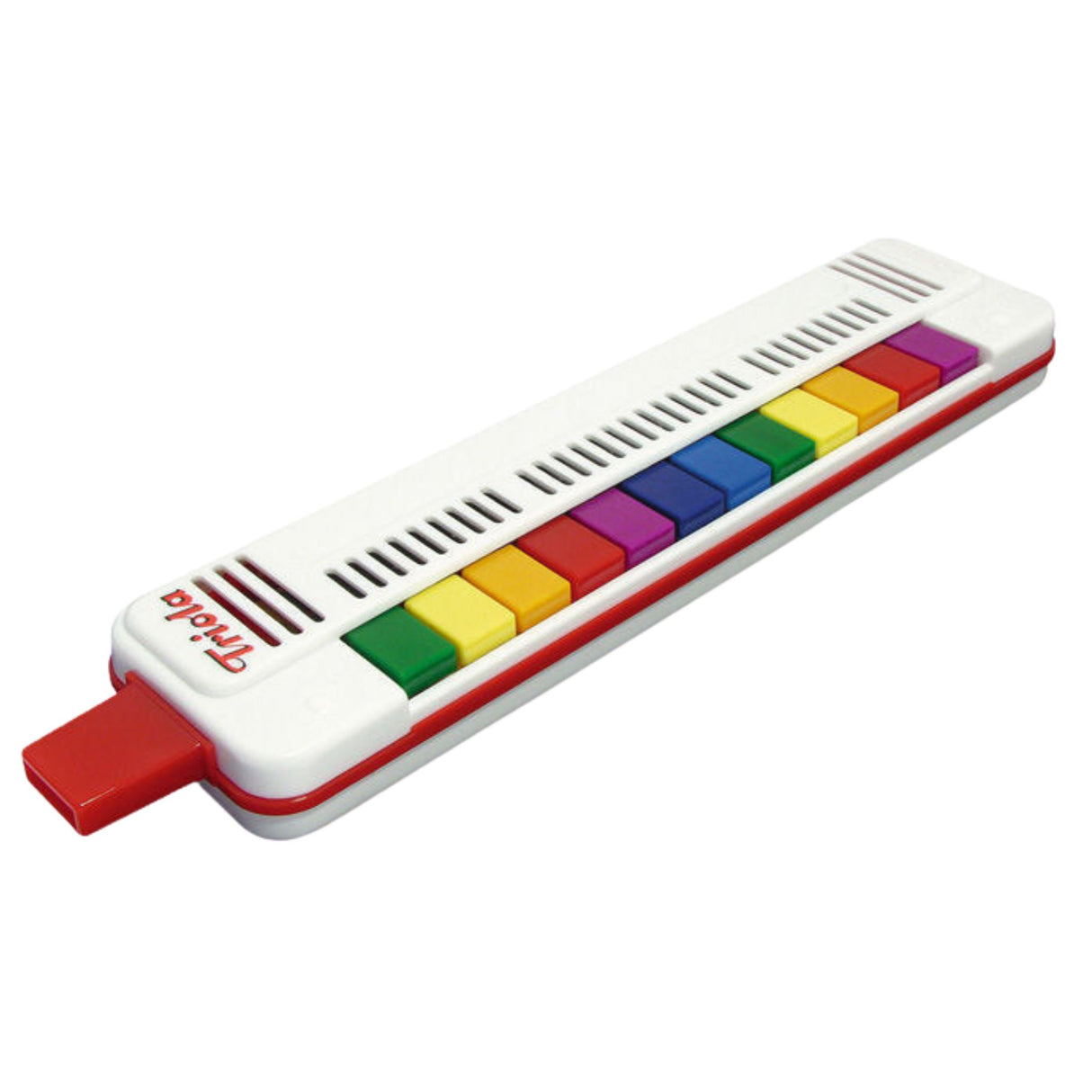 Seydel Triola. White keyboard with colorful keys and a red mouthpiece. 