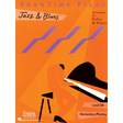 The image shows the cover of "ShowTime Piano: Jazz & Blues" Level 2A from the Faber Piano Adventures series. The vibrant orange cover features purple diagonal accents and black silhouettes resembling piano keys and musical equipment. Published by Hal Leonard, this elementary-level sheet music is designed to teach piano students jazz and blues styles as part of a structured learning curriculum.