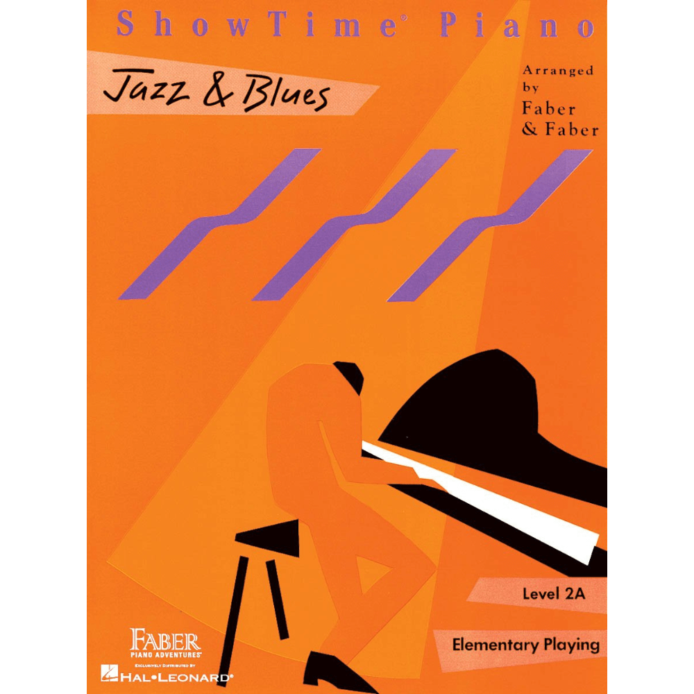 The image shows the cover of "ShowTime Piano: Jazz & Blues" Level 2A from the Faber Piano Adventures series. The vibrant orange cover features purple diagonal accents and black silhouettes resembling piano keys and musical equipment. Published by Hal Leonard, this elementary-level sheet music is designed to teach piano students jazz and blues styles as part of a structured learning curriculum.