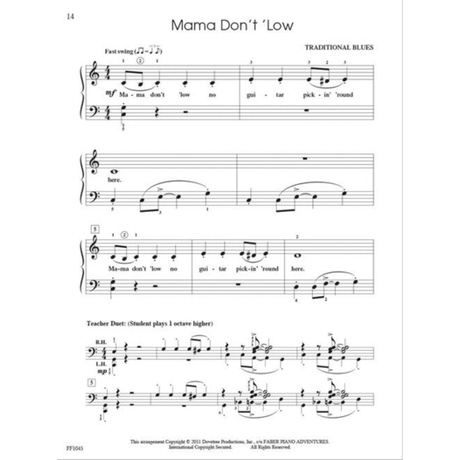 The image shows a page of piano sheet music for "Mama Don't 'Low," a traditional blues song in 4/4 time with a fast swing tempo. The arrangement includes treble and bass clefs, lyrics, dynamic markings (mf), fingering, and hand position labels. A "Teacher Duet" section features the student playing an octave higher. This educational piece is from the Faber Piano Adventures series by Dovetree Productions.