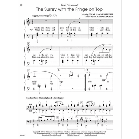 The image shows a page of sheet music for "The Surrey with the Fringe on Top" from the musical "Oklahoma!" It features a piano arrangement in 4/4 with treble and bass clefs, a vocal melody with lyrics, and the marking "Happily, with swing." There is a teacher-student duet section for piano four hands, dynamic markings "mp" and "mf," and page number 18. Published by Williamson Music.