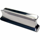 The image shows a polished chrome or stainless steel guitar slide with a smooth, cylindrical shape open at both ends. Used by placing it on a finger to glide along strings, it creates smooth pitch changes and the classic slide guitar sound. Made of metal, it produces a bright, clear tone and a sleek finish that aids smooth playing. This accessory is common in blues, country, rock, and Hawaiian steel guitar styles.
