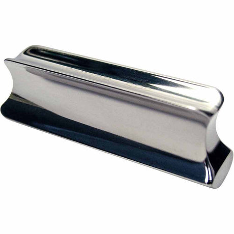 The image shows a polished chrome or stainless steel guitar slide with a smooth, cylindrical shape open at both ends. Used by placing it on a finger to glide along strings, it creates smooth pitch changes and the classic slide guitar sound. Made of metal, it produces a bright, clear tone and a sleek finish that aids smooth playing. This accessory is common in blues, country, rock, and Hawaiian steel guitar styles.
