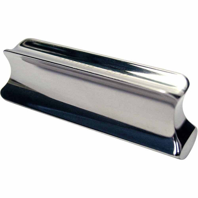 The image shows a polished chrome or stainless steel guitar slide with a smooth, cylindrical shape open at both ends. Used by placing it on a finger to glide along strings, it creates smooth pitch changes and the classic slide guitar sound. Made of metal, it produces a bright, clear tone and a sleek finish that aids smooth playing. This accessory is common in blues, country, rock, and Hawaiian steel guitar styles.