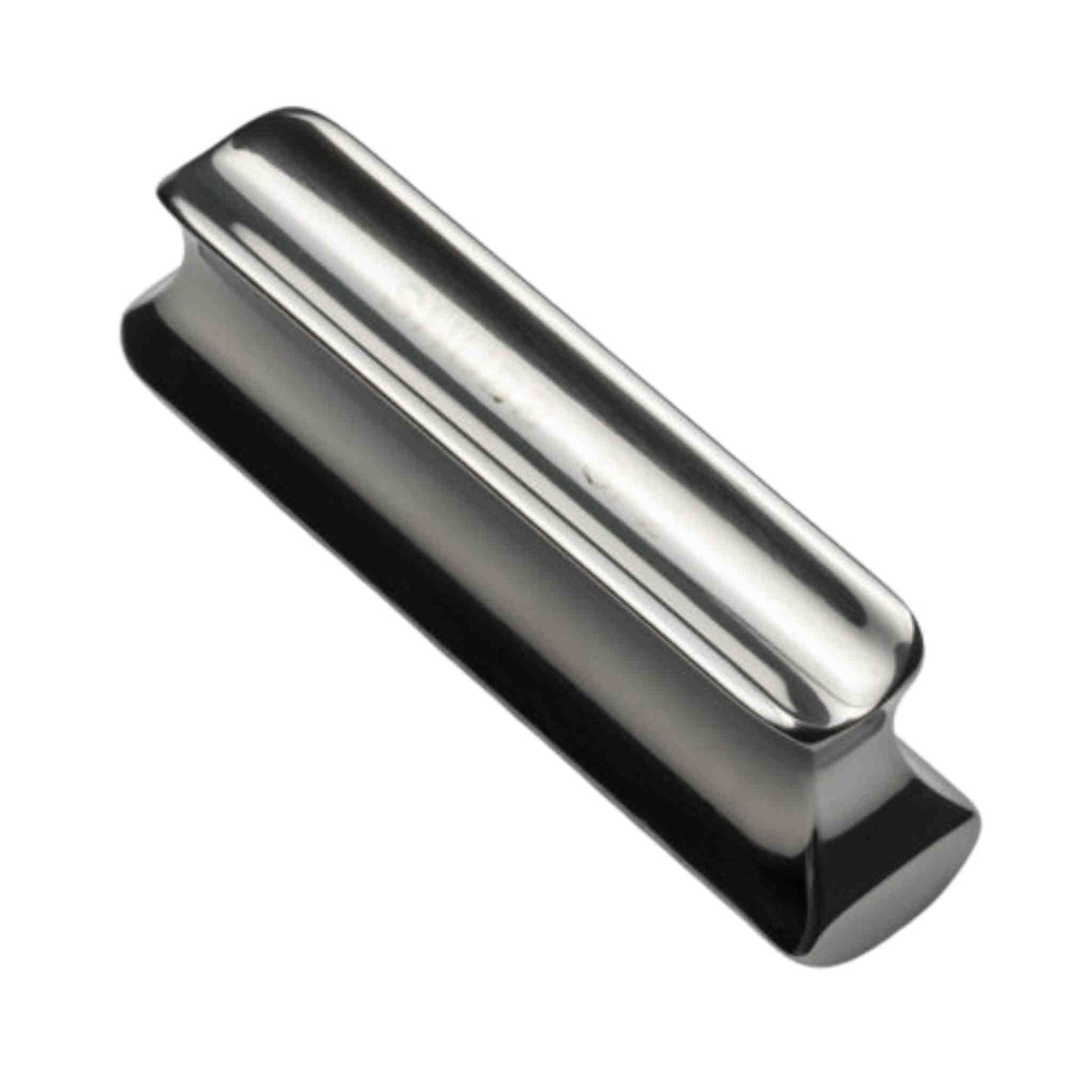 The image shows a polished metal guitar slide, also called a bottleneck slide, with a smooth, cylindrical shape worn on a finger for slide guitar playing. Made of stainless steel or chrome-plated metal, it produces bright, crisp tones with good sustain. This essential tool enables smooth gliding over strings without pressing frets, commonly used in blues, rock, country, and Hawaiian steel guitar styles.