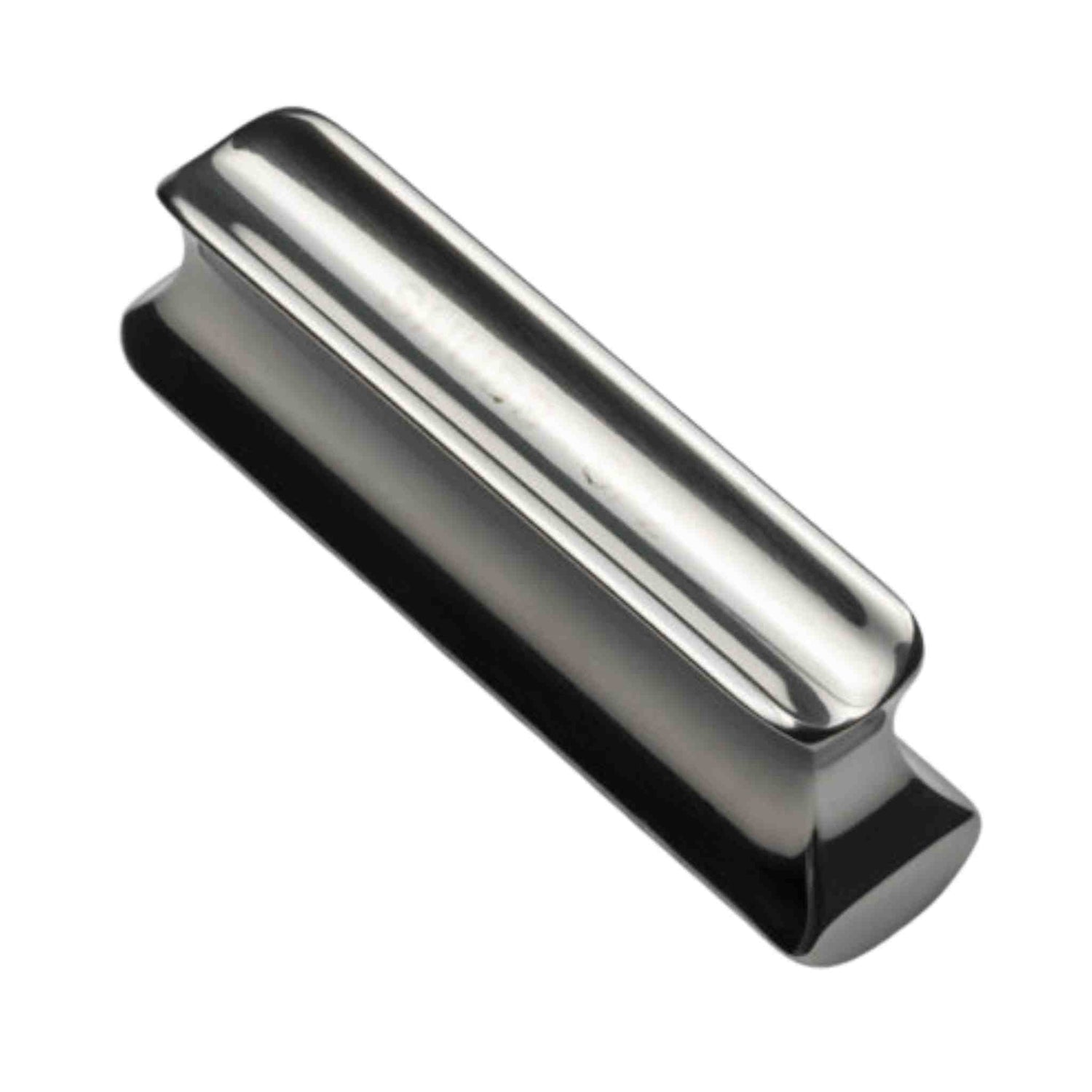 The image shows a polished metal guitar slide, also called a bottleneck slide, with a smooth, cylindrical shape worn on a finger for slide guitar playing. Made of stainless steel or chrome-plated metal, it produces bright, crisp tones with good sustain. This essential tool enables smooth gliding over strings without pressing frets, commonly used in blues, rock, country, and Hawaiian steel guitar styles.
