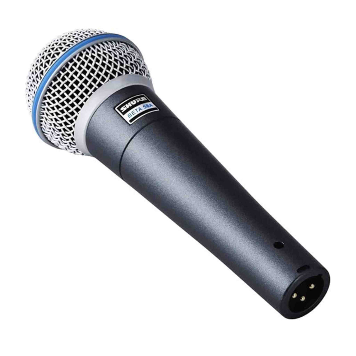 The image shows a Shure Beta series dynamic microphone with a silver mesh grille, blue accent ring, matte dark metallic body, visible Shure logo and "BETA" branding, and a 3-pin XLR connector. This popular microphone is widely used for live performances and recording due to its durability, sound quality, and reliability in professional music settings.