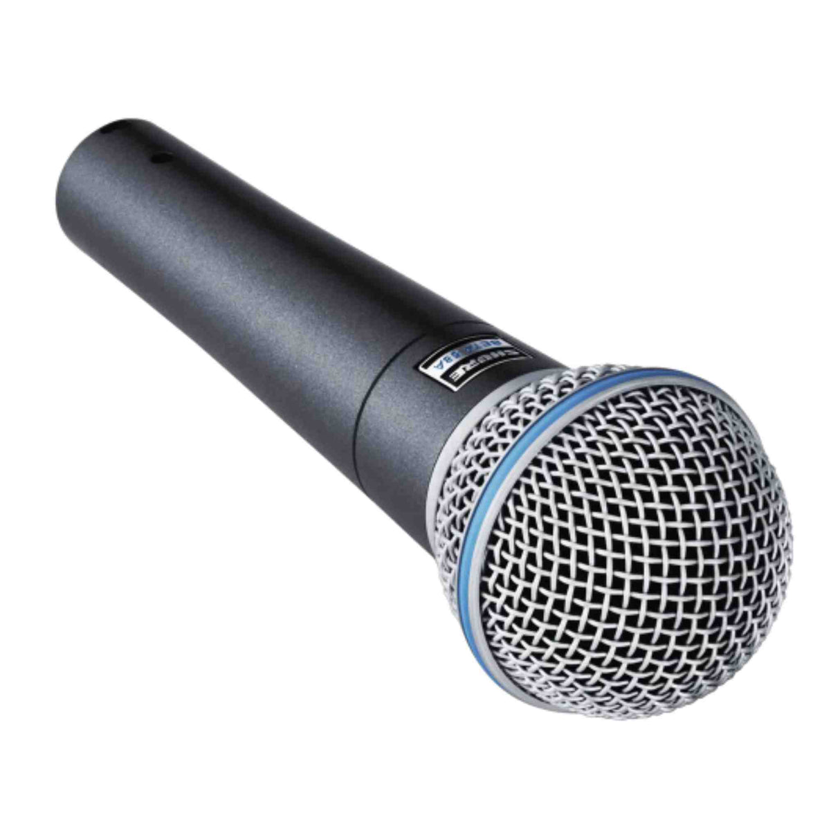 The image shows a professional dynamic microphone with a black metal handle, a silver spherical mesh grille, and a blue accent ring. It is designed for durability and high sound pressure levels, making it ideal for live vocals, studio recordings, and stage performances. This microphone is commonly used by musicians and audio professionals for its reliable feedback rejection and robust build quality.
