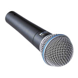 The image shows a professional dynamic microphone with a black metal handle, a silver spherical mesh grille, and a blue accent ring. It is designed for durability and high sound pressure levels, making it ideal for live vocals, studio recordings, and stage performances. This microphone is commonly used by musicians and audio professionals for its reliable feedback rejection and robust build quality.