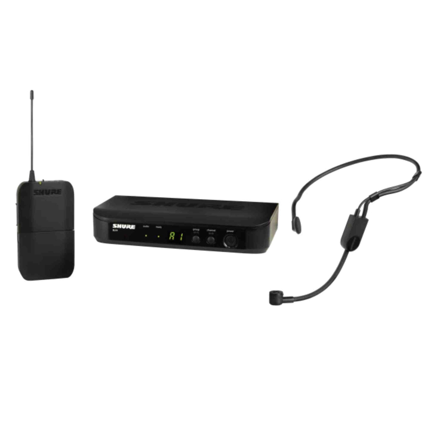 The image shows a Shure wireless microphone system with three main components: a black wireless receiver with a digital display (center), a compact bodypack transmitter with antenna (left), and a lightweight headset microphone with a flexible boom (right). This system is used by musicians and performers for hands-free, cable-free amplification during live shows and recordings.