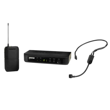 The image shows a Shure wireless microphone system with three main components: a black wireless receiver with a digital display (center), a compact bodypack transmitter with antenna (left), and a lightweight headset microphone with a flexible boom (right). This system is used by musicians and performers for hands-free, cable-free amplification during live shows and recordings.