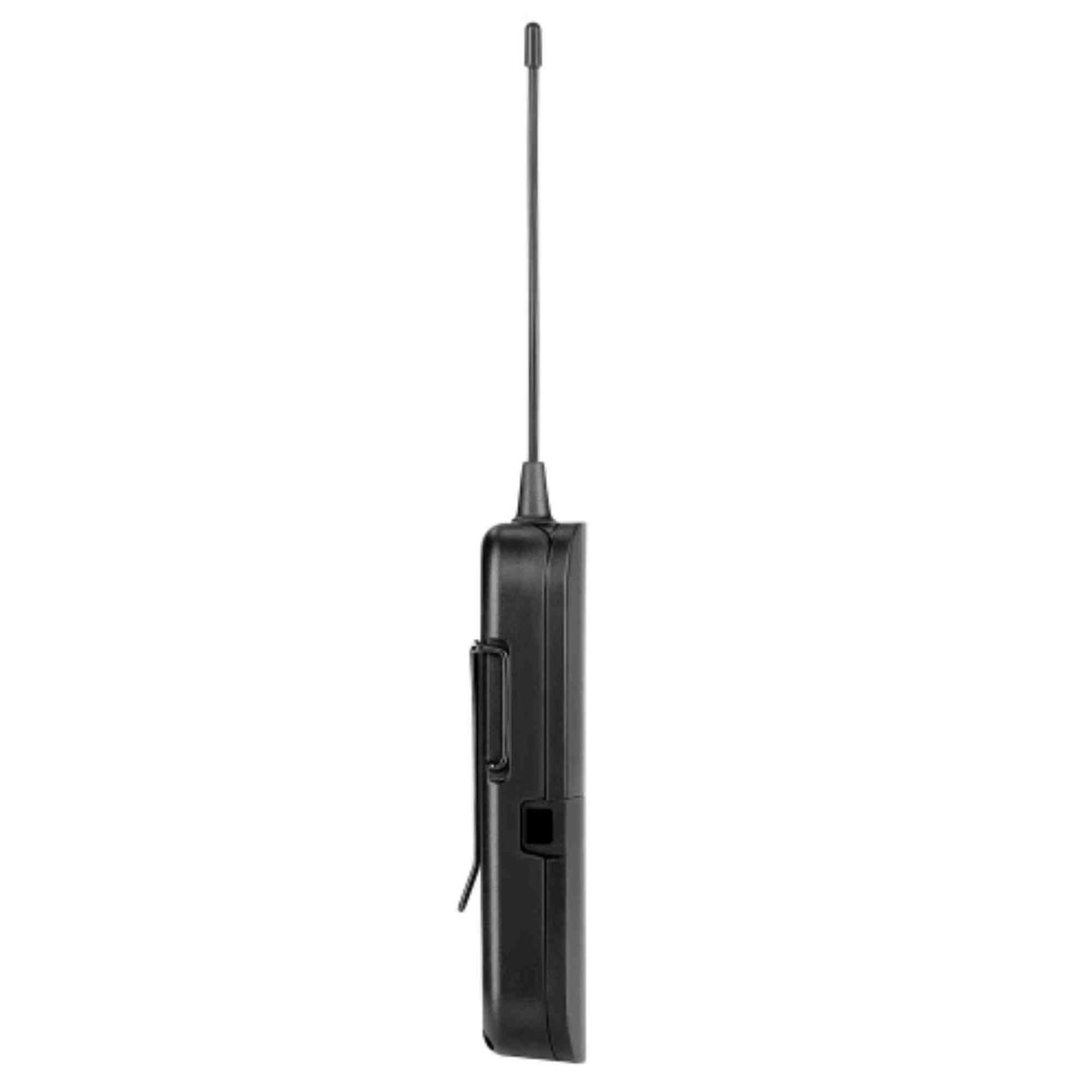 The image shows a black, compact wireless microphone receiver or bodypack transmitter with an extendable antenna. Commonly used in live musical performances, it allows vocalists and musicians to move freely without cables. Typically battery-powered, it features multiple frequency settings and transmits audio signals wirelessly to a receiver connected to a sound system or amplifier.