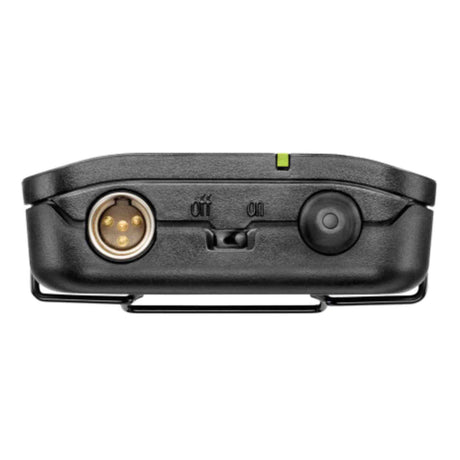 The image shows a professional wireless microphone system unit with a black plastic housing and compact design. It features a 4-pin gold XLR connector, an on/off control, a green LED indicator, a power/status button, and a belt clip for portability. Commonly used by musicians and audio professionals, it enables wireless audio transmission with high-quality connections during live performances and recordings.