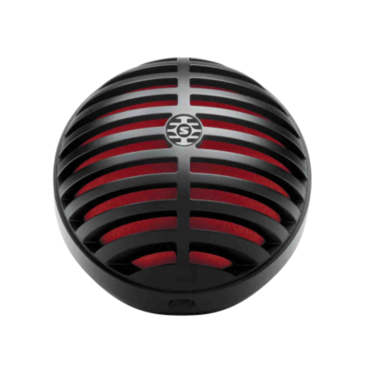 The image shows a vintage-style dynamic microphone with a spherical grille featuring black and red horizontal slats and a central circular logo. Its retro design resembles classic mid-20th-century microphones. Likely a cardioid dynamic type, it’s suited for live vocals, recording, podcasting, and instrument amplification, valued for durability, feedback resistance, and handling high sound pressure, appealing to performers seeking both style and function.