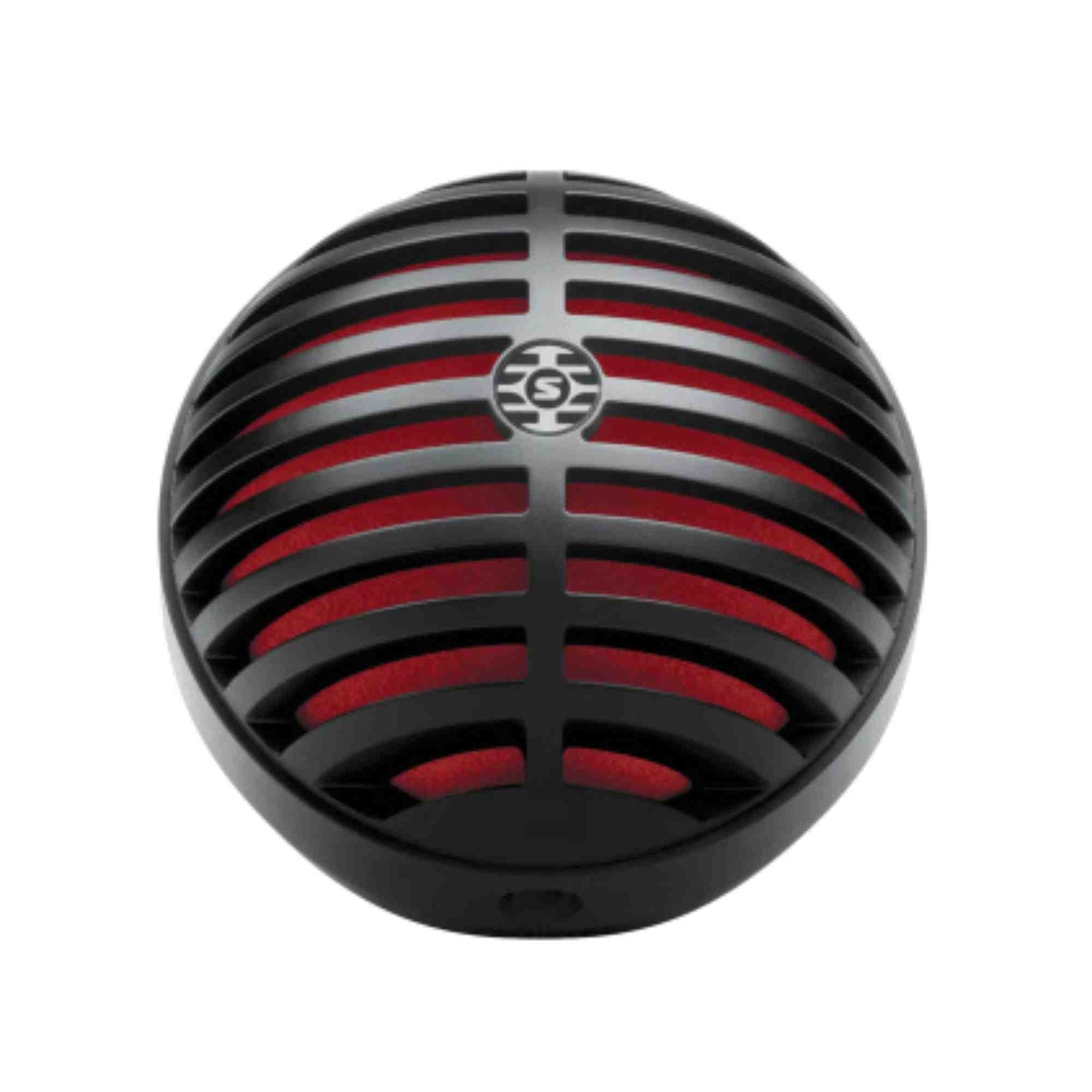 The image shows a vintage-style dynamic microphone with a spherical grille featuring black and red horizontal slats and a central circular logo. Its retro design resembles classic mid-20th-century microphones. Likely a cardioid dynamic type, it’s suited for live vocals, recording, podcasting, and instrument amplification, valued for durability, feedback resistance, and handling high sound pressure, appealing to performers seeking both style and function.