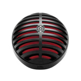 The image shows a vintage-style dynamic microphone with a spherical grille featuring black and red horizontal slats and a central circular logo. Its retro design resembles classic mid-20th-century microphones. Likely a cardioid dynamic type, it’s suited for live vocals, recording, podcasting, and instrument amplification, valued for durability, feedback resistance, and handling high sound pressure, appealing to performers seeking both style and function.