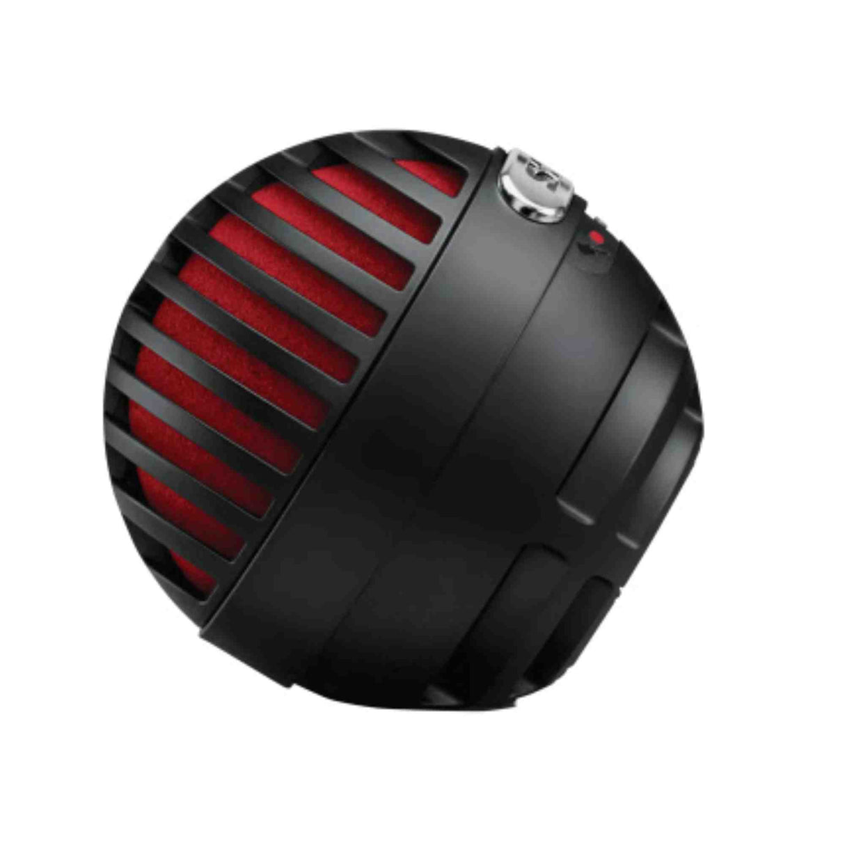The image shows a dynamic microphone with a vintage-style design, featuring a sleek black metal body and a red and black striped grille reminiscent of 1950s-60s ribbon mics. It has a side control knob and a professional build, ideal for vocals, live performances, or studio use. The retro aesthetic blends classic style with modern technology, appealing to musicians and audio professionals.