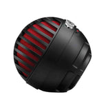 The image shows a dynamic microphone with a vintage-style design, featuring a sleek black metal body and a red and black striped grille reminiscent of 1950s-60s ribbon mics. It has a side control knob and a professional build, ideal for vocals, live performances, or studio use. The retro aesthetic blends classic style with modern technology, appealing to musicians and audio professionals.