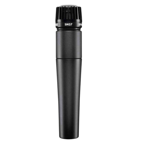 The image shows a Shure SM57 dynamic microphone, a classic in music production. Known for its durable metal body, cardioid grille, and clear "SM57" marking, it’s widely used for miking instruments like guitar amps, drums, and brass, as well as live vocals. Valued for its reliability and ability to handle high sound pressure, the SM57 remains a trusted choice in studios and on stage worldwide.