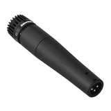 The image shows a Shure dynamic microphone, likely an SM57 or similar model from the SM series. It features a black cylindrical body with Shure branding, a ribbed cardioid grille, and an XLR connector. Known for durability and high sound pressure handling, it’s commonly used for recording instruments, live vocals, and broadcast, making it a professional industry-standard microphone.