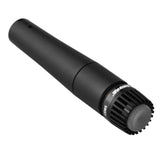 The image shows a professional Shure SM57-style dynamic microphone with a black cylindrical body and a protective grille. Commonly used for recording instruments and live sound, it is favored for miking guitar amps, drums, and vocals due to its durability, versatility, and ability to handle high sound pressure, making it a key tool in studios and live music settings.