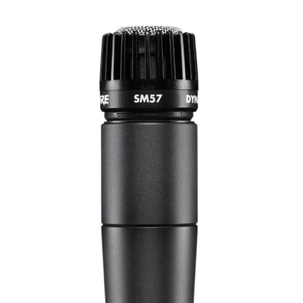 The image shows a Shure SM57 dynamic microphone, known for its black mesh grille, gray body, and visible "SM57" and "SHURE" branding. Widely used in music, it’s favored for recording and amplifying instruments like guitar amps and drums. Renowned for durability and high sound pressure handling, the SM57 is a professional standard in studios and live performances worldwide.
