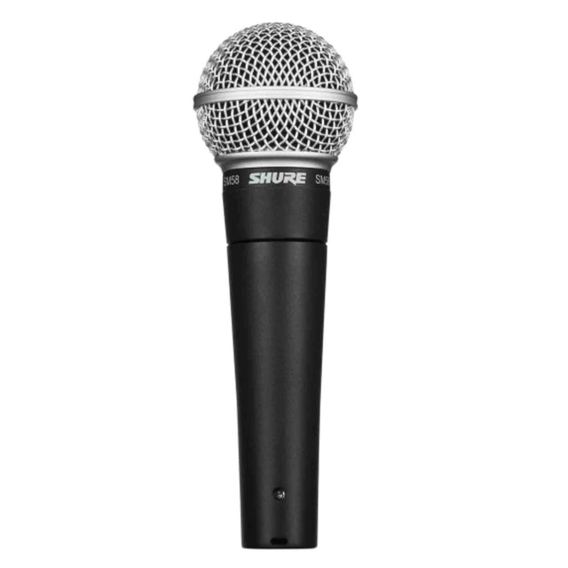 The image shows a Shure SM58 dynamic microphone with its distinctive silver mesh grille and black body featuring the "SHURE" logo. Known for its durability, feedback rejection, and warm vocal tone, the SM58 is an iconic handheld microphone widely used by musicians and sound engineers for live vocals and studio recordings across all genres.