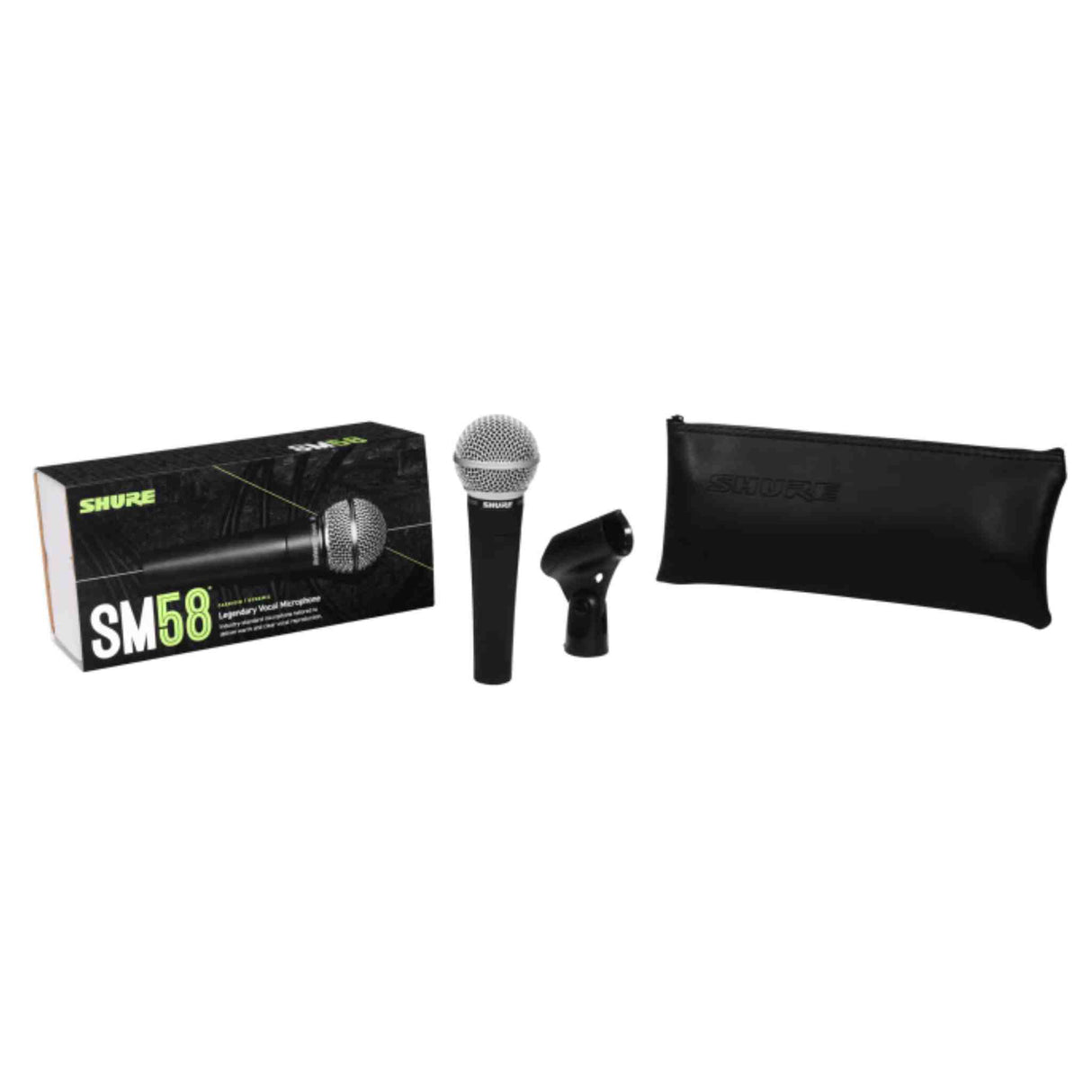 The image shows a Shure SM58 microphone kit, featuring the iconic black mic with a silver grille, a black stand adapter, a carrying pouch, and the original green-branded Shure box. Known for durability and clear vocal reproduction, the SM58 is widely used in live and studio settings. This kit appears new and complete with all standard accessories included.