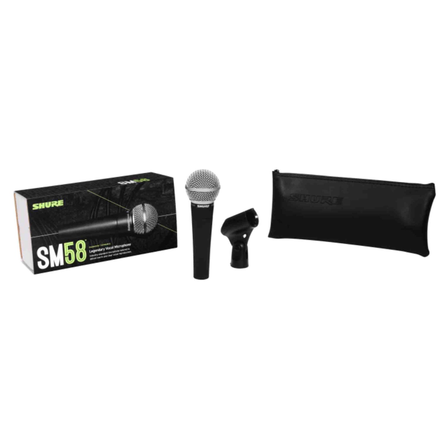 The image shows a Shure SM58 microphone kit, featuring the iconic black mic with a silver grille, a black stand adapter, a carrying pouch, and the original green-branded Shure box. Known for durability and clear vocal reproduction, the SM58 is widely used in live and studio settings. This kit appears new and complete with all standard accessories included.