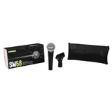 The image shows a Shure SM58 microphone kit, featuring the iconic black mic with a silver grille, a black stand adapter, a carrying pouch, and the original green-branded Shure box. Known for durability and clear vocal reproduction, the SM58 is widely used in live and studio settings. This kit appears new and complete with all standard accessories included.