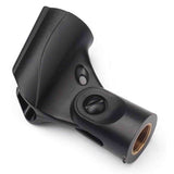 The image shows a black microphone clip with a durable finish, featuring an adjustable clamp and threaded base for mounting on standard stands. Its spring-loaded or hinged design securely holds various microphone sizes. This professional-grade accessory is essential for musicians, podcasters, and sound technicians, enabling hands-free microphone positioning for studio, stage, or home use.
