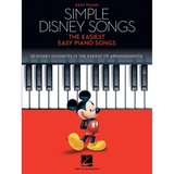 The image shows a piano songbook titled "Simple Disney Songs - The Easiest Easy Piano Songs" by Hal Leonard. The cover features piano keys with Mickey Mouse near them and uses a black, white, and red color scheme. It contains 50 easy arrangements of popular Disney songs, designed for beginning piano players to develop foundational skills through familiar melodies.