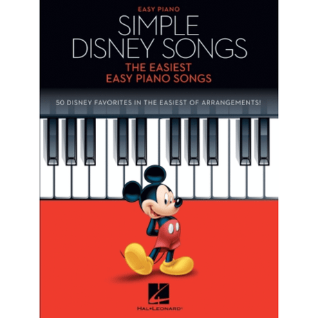 The image shows a piano songbook titled "Simple Disney Songs - The Easiest Easy Piano Songs" by Hal Leonard. The cover features piano keys with Mickey Mouse near them and uses a black, white, and red color scheme. It contains 50 easy arrangements of popular Disney songs, designed for beginning piano players to develop foundational skills through familiar melodies.