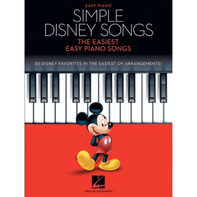 The image shows a piano songbook titled "Simple Disney Songs - The Easiest Easy Piano Songs" by Hal Leonard. The cover features piano keys with Mickey Mouse near them and uses a black, white, and red color scheme. It contains 50 easy arrangements of popular Disney songs, designed for beginning piano players to develop foundational skills through familiar melodies.