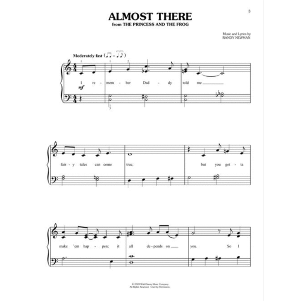 The image shows page 3 of the piano and vocal sheet music for "Almost There" from Disney's "The Princess and the Frog," with music and lyrics by Randy Newman. It features treble and bass clefs, 4/4 time, a "Moderately fast" tempo, lyrics below the melody, piano accompaniment, chord symbols, dynamics, and a Walt Disney Music Company copyright notice.