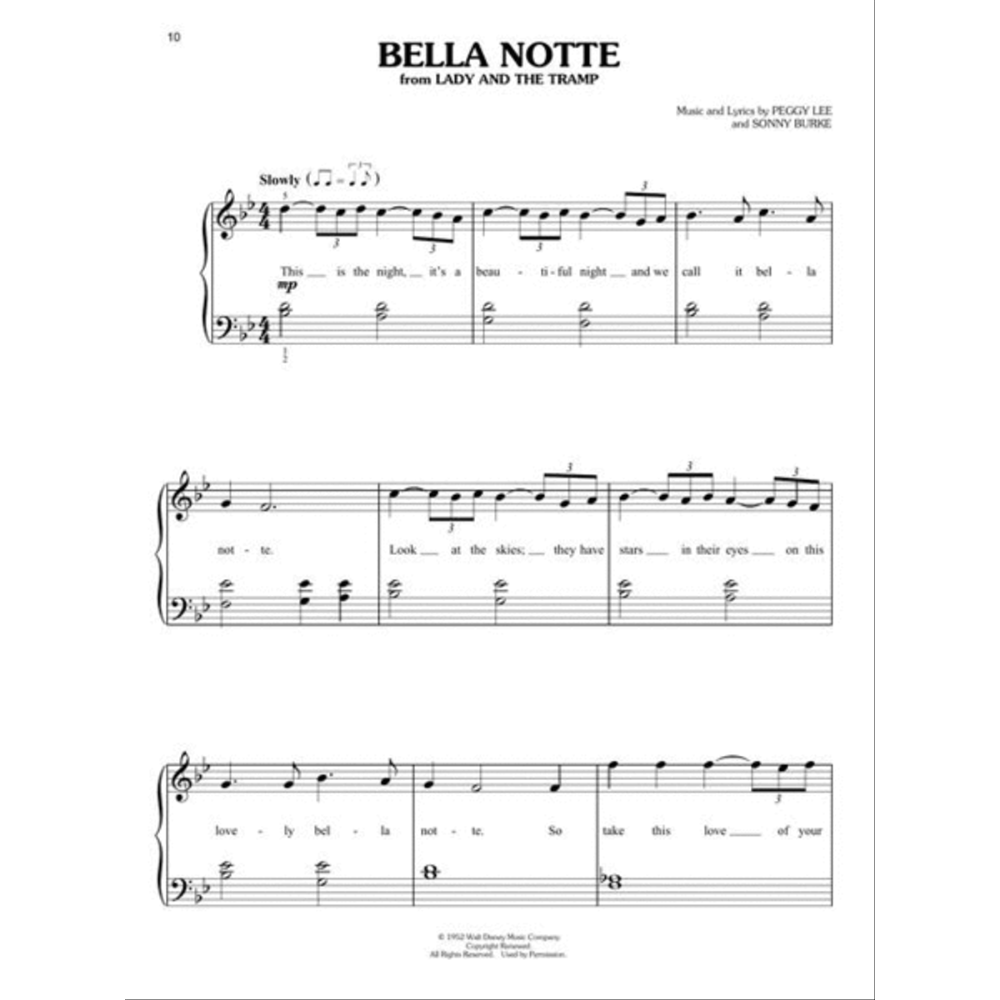 The image shows a page of piano/vocal sheet music for "Bella Notte" from Disney's "Lady and the Tramp," in B-flat major, 4/4 time, marked "Slowly." It features the melody with lyrics, piano accompaniment, chord symbols, and performance markings like "mp." The opening lyrics and credits to Peggy Lee and Sonny Burke appear, along with a Walt Disney Music Company copyright. This is page 10 of a songbook.