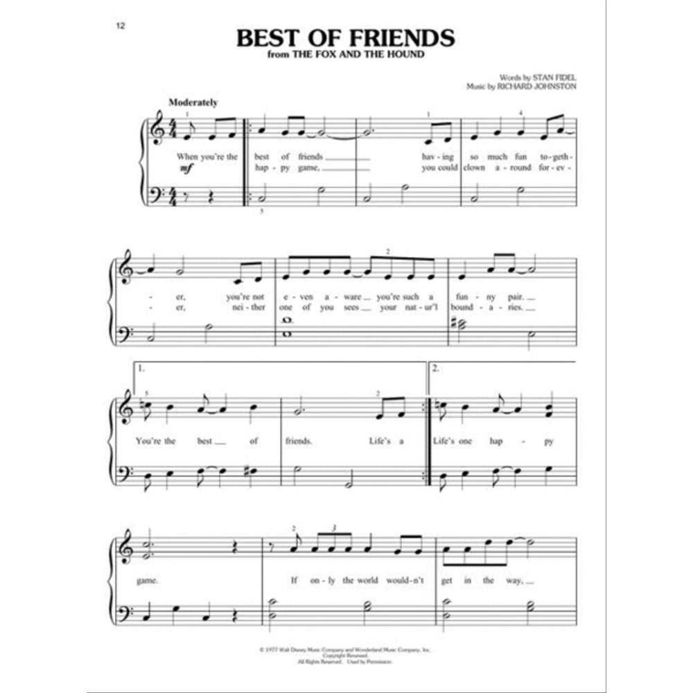 The image shows a page of piano/vocal sheet music for "Best of Friends" from Disney's "The Fox and the Hound." It features the title, source, credits (words by Stan Fidel, music by Richard Johnston), 4/4 time, moderately tempo, and lyrics beneath the melody. This is page 12 of a songbook with a Disney copyright at the bottom. The layout includes treble and bass clefs in standard notation.