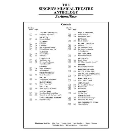 Table of contents for 'The Singer's Musical Theatre Anthology Baritone/Bass' music book with track list on a white background.