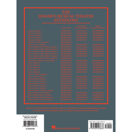 Back cover of 'The Singer's Musical Theatre Anthology' with a list of songs and Hal Leonard branding.