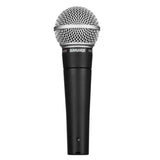 The image shows a Shure SM58 dynamic microphone, featuring a silver spherical mesh grille and a black metal handle with the Shure logo and "SM58" model name. This iconic vocal mic is widely used for live performances, studio recording, and broadcasting due to its durability, reliability, and excellent sound quality. It’s popular among professionals for handling high sound pressure and reducing handling noise.