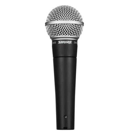 The image shows a Shure SM58 dynamic microphone, featuring a silver spherical mesh grille and a black metal handle with the Shure logo and "SM58" model name. This iconic vocal mic is widely used for live performances, studio recording, and broadcasting due to its durability, reliability, and excellent sound quality. It’s popular among professionals for handling high sound pressure and reducing handling noise.
